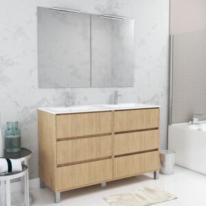 AURLANE Meuble Salle de Bains 120 cm Chêne Clair 6 Tiroirs, Vasque, Miroirs 60x80 et Réglettes Led - xenos - Publicité