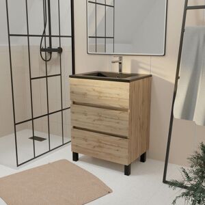 - Meuble de salle de bains 60 cm 3 Tiroirs Chêne Naturel + Vasque Céramique Noire - timber