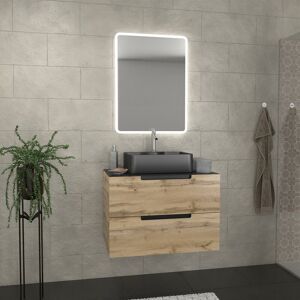 - Meuble salle de bains 80 cm 2 tiroirs - Chêne et noir - Vasque rectangle - Miroir Led - omega