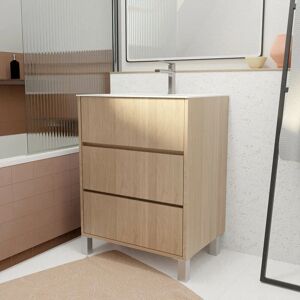 Aurlane - Pack Meuble Salle de Bains 60 cm Chêne Clair, 3 tiroirs avec Vasque Céramique - xenos - Publicité