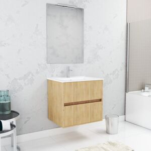 Aurlane - Pack Meuble Salle de Bains 60cm Chêne Clair 2 Tiroirs, Vasque, Miroir 60x80 et réglette Led - xenos - Publicité