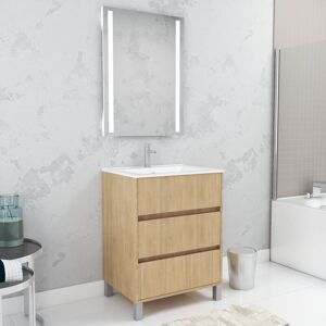 Aurlane - Pack Meuble Salle de Bains 60cm Chêne Clair 3 Tiroirs, Vasque, Miroir 60x80 à Leds intégrées - xenos - Publicité