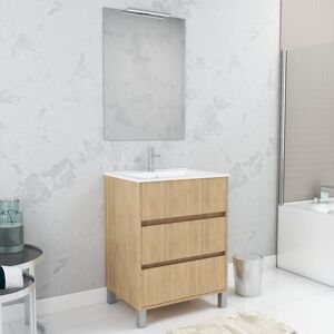 Aurlane - Pack Meuble Salle de Bains 60cm Chêne Clair 3 Tiroirs, Vasque, Miroir 60x80 et réglette Led - xenos - Publicité