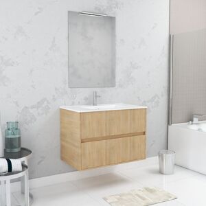 Aurlane - Pack Meuble Salle de Bains 80cm Chêne Clair 2 Tiroirs, Vasque, Miroir 60x80 et réglette Led - xenos - Publicité