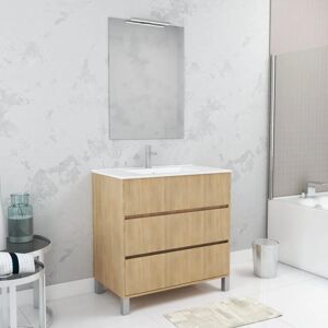 Aurlane - Pack Meuble Salle de Bains 80cm Chêne Clair 3 Tiroirs, Vasque, Miroir 60x80 et réglette Led - xenos - Publicité