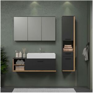 - synnax Salle de bain complete -Meuble sous vasque + vasque + armoire 3 portes + miroir a suspendre-Mélaminé gris et chene -tr…