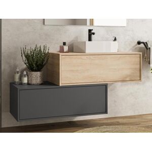 Vente unique Meuble de salle de bain suspendu naturel clair et anthracite avec simple vasque et deux tiroirs 94 cm TEANA II