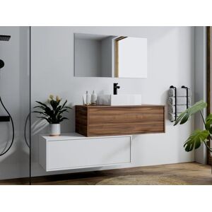 Vente-unique Meuble de salle de bain suspendu naturel foncé et blanc avec simple vasque et deux tiroirs - 94 cm - TEANA II