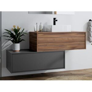 Vente-unique Meuble de salle de bain suspendu naturel fonce et anthracite avec simple vasque carree et deux tiroirs - 94 cm - TEANA II