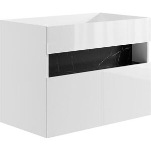 Vente-unique Meuble sous vasque suspendu avec leds - Blanc et noir effet marbre - L80 cm - POZEGA