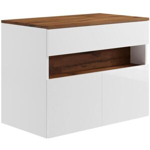 Vente-unique Meuble sous vasque suspendu à LEDs avec planche - Blanc et naturel foncé - L80 cm - POZEGA