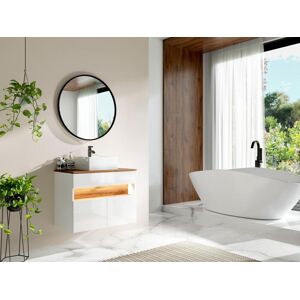 Vente-unique Meuble de salle de bain suspendu a LEDs avec vasque a poser - Blanc et naturel fonce - L80 cm - POZEGA