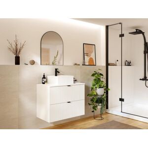 Vente-unique Meuble de salle de bain suspendu strié avec vasque à poser - Blanc - L80 cm - ZEVINI