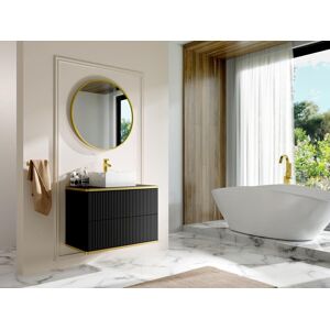 Vente unique Meuble de salle de bain suspendu strie lisere dore avec vasque a poser Noir 80 cm KELIZA