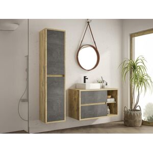 Vente unique Meuble de salle de bain suspendu avec vasque et colonne Coloris naturel et anthracite 100 cm TIKITIKI