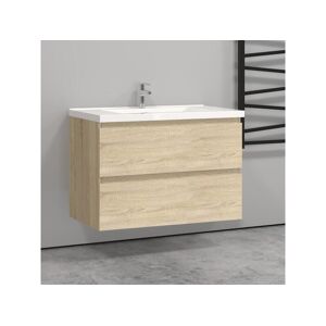 Meuble salle de bain naturel avec 2 tiroirs a une fermeture amortie avec une vasque a suspendre 79x44.5x52(LWH)cm