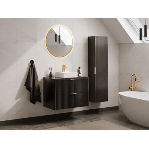 Vente unique Meuble de salle de bain suspendu strie avec vasque a poser et colonne Noir 80 cm ZEVARA