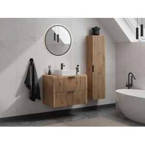 Vente-unique Meuble de salle de bain suspendu strie avec vasque a poser et colonne - Naturel clair - 80 cm - ZEVARA