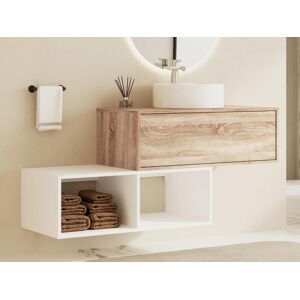 Vente unique Meuble de salle de bain suspendu avec vasque ronde 1 tiroir naturel clair et 2 niches blanches 94 cm TEANA II