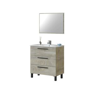 Pegane Meuble salle de bain sous vasque avec 3 Tiroirs + 1 Miroir coloris Alaska chene - Longueur 80 x Profondeur 45 x Hauteur 86 cm