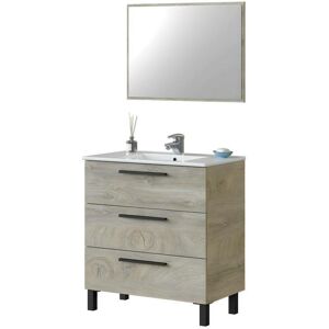 Pegane Meuble salle de bain sous vasque avec 3 Tiroirs + 1 Miroir coloris Alaska chene - Longueur 80 x Profondeur 45 x Hauteur 86 cm