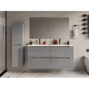Vente-unique Meuble de salle de bain suspendu avec double vasque à encastrer et colonne - Gris - 120 cm - SELITA - Publicité