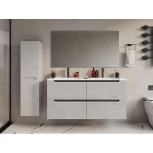 Vente-unique Meuble de salle de bain suspendu avec double vasque à encastrer et colonne - Blanc - 120 cm - SELITA - Publicité