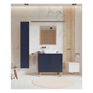 Pegane Ensemble salle de bain Valencia avec meuble + vasque + Miroir + Colonne couleur bleu / chene artisan -- - Publicité