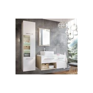 Pegane Ensemble salle de bain Antalya avec meuble + vasque + Miroir + Colonne couleur blanc / chene sonoma -- - Publicité