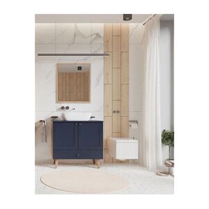 Pegane Ensemble salle de bain Valencia avec miroir + vasque + meuble couleur bleu / chene artisan -- - Publicité