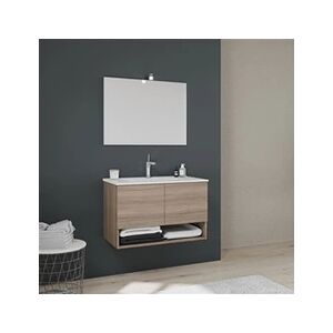 KIAMAMI VALENTINA Meuble de salle de bain suspendu 80 cm 2 portes en bois chêne Miroir avec cadre Lavabo en céramique Aménagement - Publicité