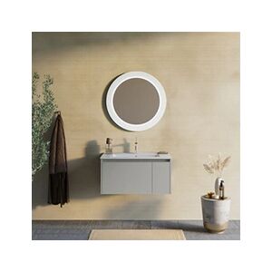 KIAMAMI VALENTINA Meuble de salle de bain 80 cm beige sable avec miroir rond illuminé LED Monaco - Publicité