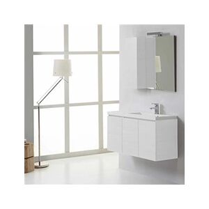 KIAMAMI VALENTINA Meuble de salle de bain suspendu 90cm 3 portes blanc forêt, lavabo à droite, miroir avec armoire murale à gauche Manhattan - Publicité