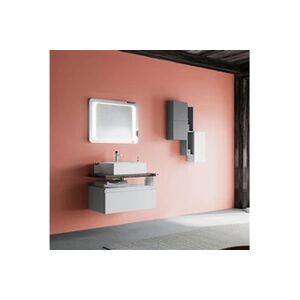 KIAMAMI VALENTINA Meuble de salle de bain suspendu 80cm avec tiroir blanc, plateau en chêne fossile, lavabo Lagos - Publicité