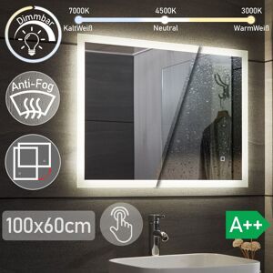 Aquamarin® Miroir de Salle de Bain LED - 100 x 60 cm, CEE:A++, Tactile, Mural, Éclairage Blanc Froid/Chaud/Neutre, Fonction Mémoire, Anti-Buée - Miroir Cosmétique, M... Publicité