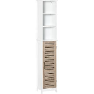 kleankin Meuble colonne rangement de salle de bain bicolore avec étagères et placard porte - dim. 34L x 30l x 172H cm - blanc et aspect bois