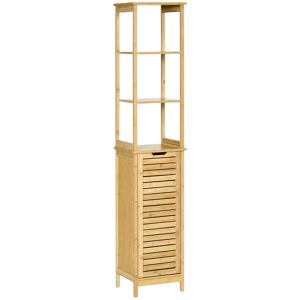 kleankin Meuble colonne de salle de bain avec 3 étagères et placard porte persienne MDF et bambou