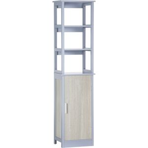 kleankin Meuble colonne de salle de bain avec placard et 3 étagères dim. 40I x 30P x 160H cm - MDF gris et naturel