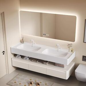 generic Meuble de salle de bain double flottant avec lavabo – Désembuage et miroir de courtoisie avec lumières, armoire de salle de bain   Installation facile et 3 tiroirs (taille : 183 cm) - Publicité