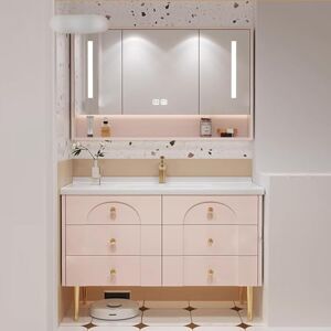 generic Meuble de salle de bain moderne avec lavabo Armoire de salle de bain moderne avec miroir intelligent   Lumières LED, support en métal et glissières silencieuses, bois massif (couleur : rose, taille - Publicité
