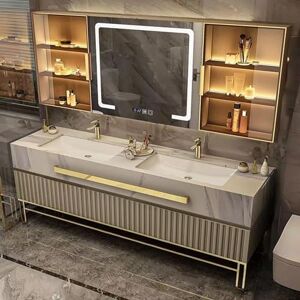 generic Double lavabo – Lavabo de salle de bain   Robinet en laiton massif, désembuage à une touche et lumières LED pour miroir de courtoisie, 2 tiroirs (taille : 152,4 cm) - Publicité