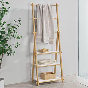 [en.casa] Étagère Échelle à 3 Niveaux Autoportante Pliable avec Porte-Serviettes Meuble de Rangement pour Salle de Bain MDF Bambou 152 x 53 x 31 cm Blanc Naturel - Publicité