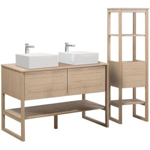 Mob In Meuble de salle de bain avec Vasques et Colonne effet bois clair Beige 120x78x50cm