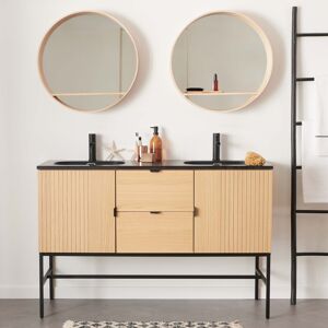 Mob In Meuble double vasque 140cm chêne STUDIO sur pieds + miroir rond Beige 140x92x46cm