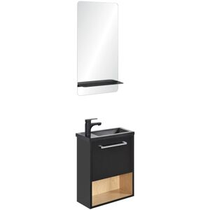 Mob In Meuble lave-mains Noir intérieur décor chêne + robinet noir + miroir Noir 40x53x21cm