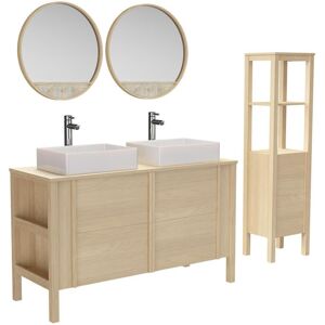 Mob In Meuble double vasque 130cm chêne + vasque + robinet + miroir +colonne Beige 130x78x50cm