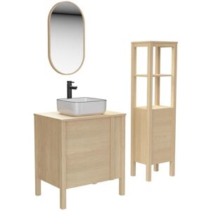 Mob In Meuble simple vasque 70cm chêne + vasque + robinet + miroir + colonne Beige 70x78x50cm