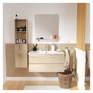 Mob In Meuble simple vasque 80cm décor chêne +robinet chromé+miroir+colonne Beige 80x45x45cm