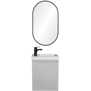 Mob In Meuble lave-mains gris sable + robinet noir + miroir ovale Gris 41x53x21cm