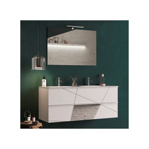 Tousmesmeubles Meuble sous-vasque 120 cm Laqué Blanc brillant + vasque + miroir led - METRIA - L 122 x l 47 x H 53 cm